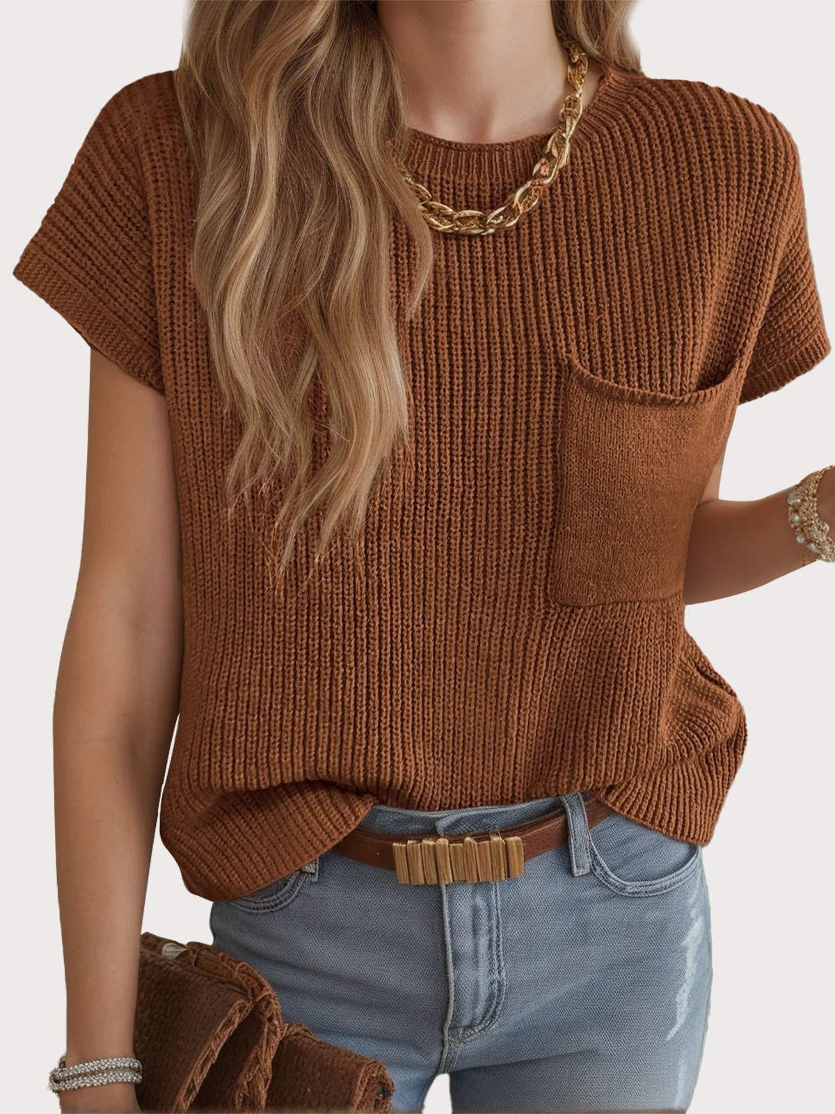 

Женская повседневная трикотажная футболка с карманом, однотонный пуловер с короткими рукавами, идея на весну и лето