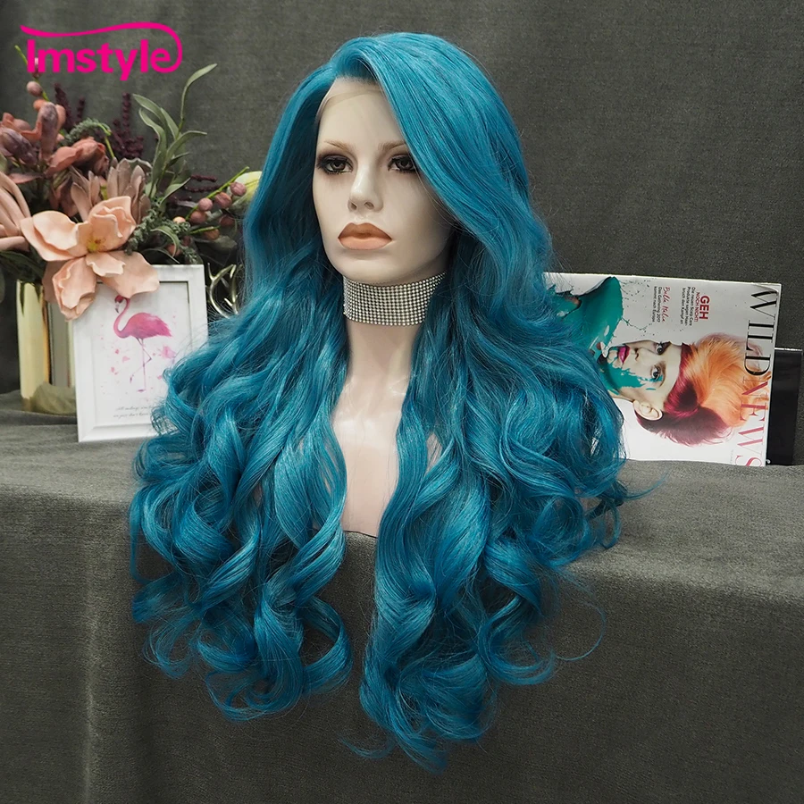 Imstyle Blue Wig Syntehtic Lace Front Wig Long Wigs For Women Heat Resistant Fiber Natural Wavy Wig Cosplay Wig