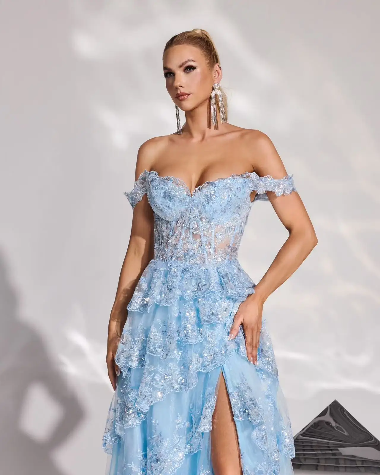 Shalimar Zhang 블루 이브닝 드레스 긴 소매 럭셔리 호스트 패션 가운 맞춤형