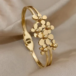 Fashion Stereo Flower Cuff Bracelet Bangle For Women Girls Elegant Gold Color Floral Decor Opening Bracelet Jewelry Gift For Her