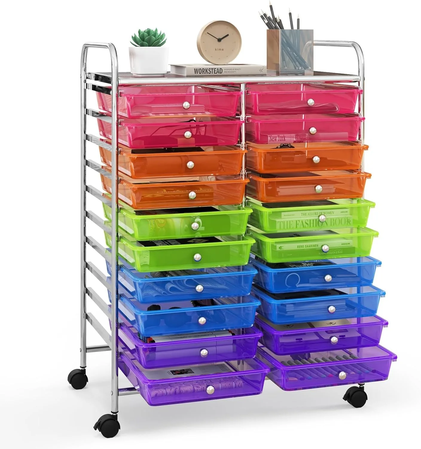 

Rolling Cart with 20 Drawers, 20 Tiers Multicolor Trolley, Drawer Bin Carts with 2 Lockable Wheels, Adjustable File & Debris Org