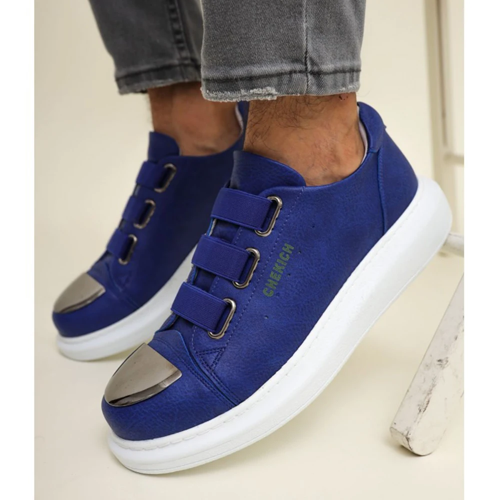 FOH Store Men's Shoes BT BLUE Color Elastic Band Closure Artificial Leather Spring and Autumn Seasons Slip On Comfortable 2023 Fashion Wedding Orthopedic Suits Comfort Unisex Lightweight Casual Odorless Breathable 251