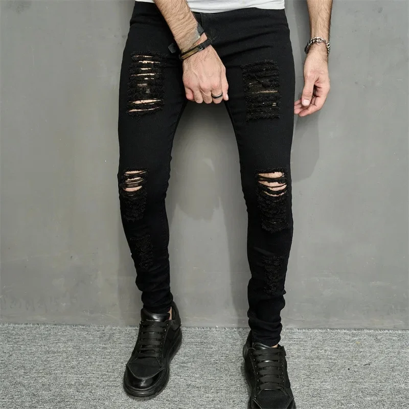 Męskie dżinsy do kostek z dziurami Vintage zgrywanie spodnie ołówkowe Denim obcisłe kieszenie w trudnej sytuacji Slim Moto Biker jednolite sprane 2024 — zdjęcie 2