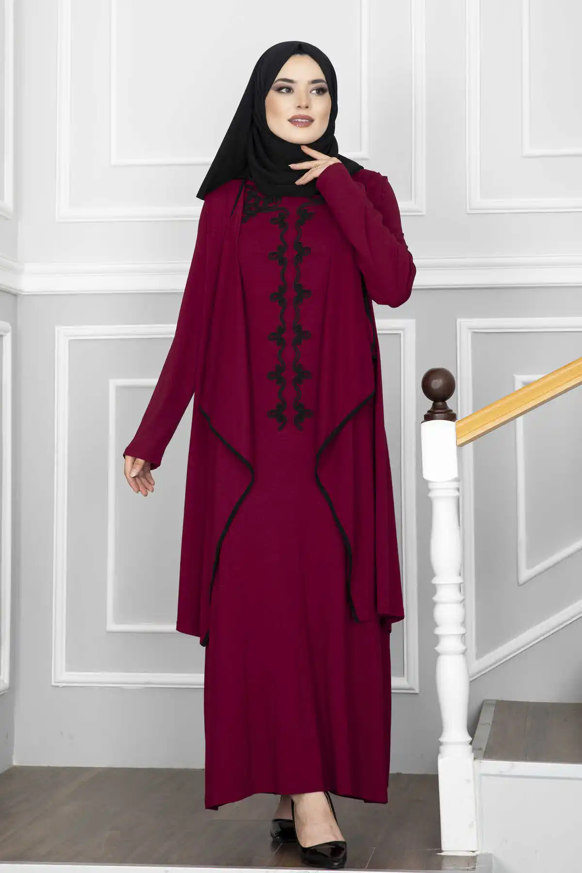 Women Clothing Vest Look Combed Hijab Dress Abaya Muslim Long Sleeve Maxi Lace Polka Dot Stitch Islamic Middle East Dubai Kaftan