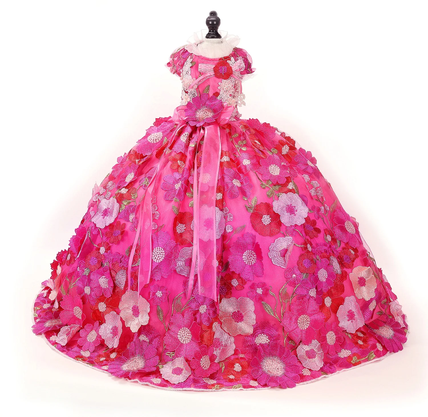 

Handmade Pet Dress Pink Floral Embroidered Mesh Dog Gown with Long Train Bow Design Lace Details Elegant Wedding Party