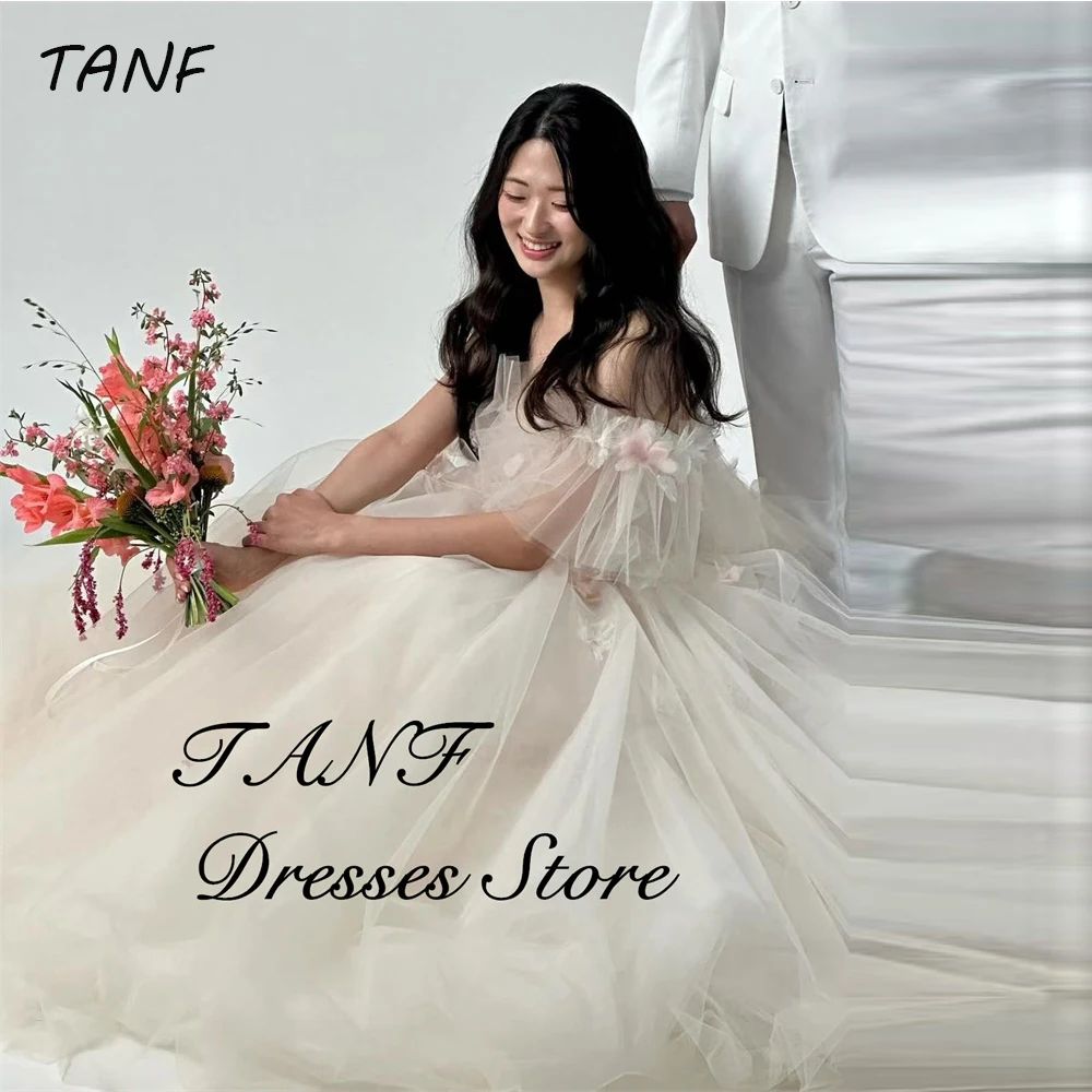 

TAFN Fairy Soft Tulle A Line Wedding Dresses Off Shoulder Short Sleeves Princes A Line Bride Gowns Mariage Customized Corset