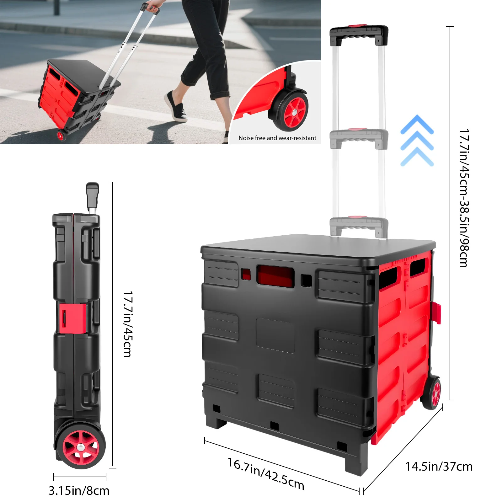 Chariot utilitaire pliable de 40 kg, chariot à livres en plastique robuste sur roulettes – Boîte de rangement pliable avec poignée en aluminium, 2 roues – Pour le shopping, les enseignants, le bureau – Noir+Rouge
