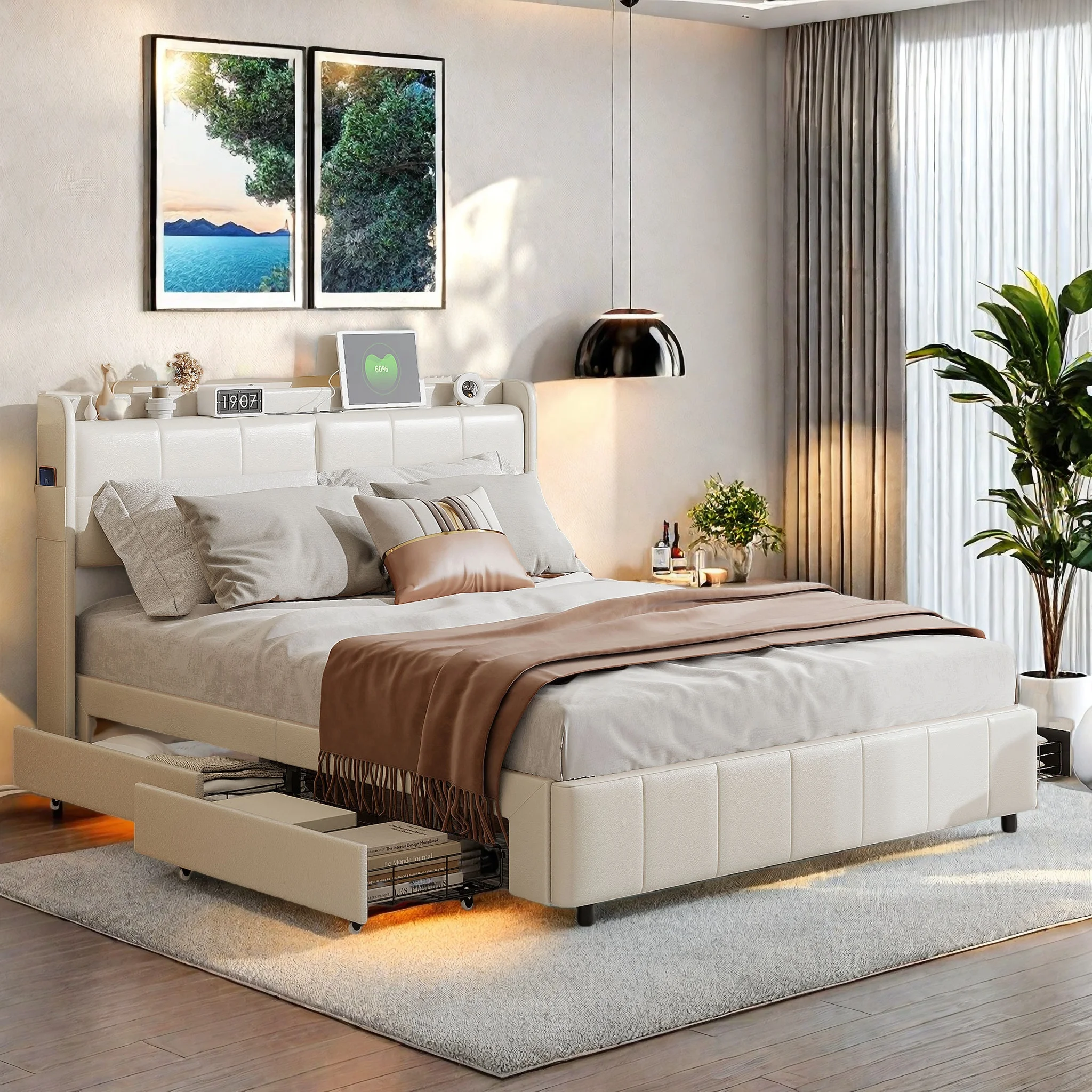 Lit double en bois Aura 160x200 cm, lit pour jeunes avec 4 tiroirs pour rangement, lits 160x200 avec sommier à lattes en cuir PU
