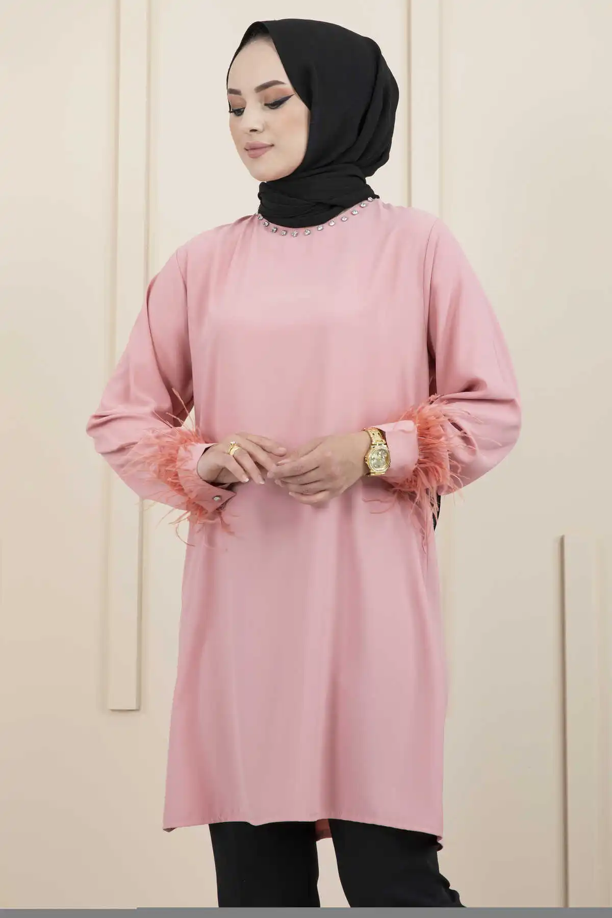 Women's Clothing Stone Feather Detailed Veiling Tunic Abaya Robe New Muslim Partiy Hoodie Turkey African Prayer Garment Kaftan