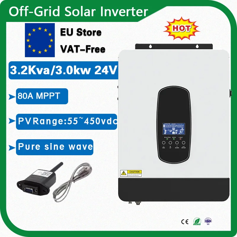 3200VA/3000W 24V 220VAC Solar Inverter 55-430VDC Pure Sine Wave MPPT 80A Solar Charger Controller 50HZ 60HZ Hybrid Inverter WIFI