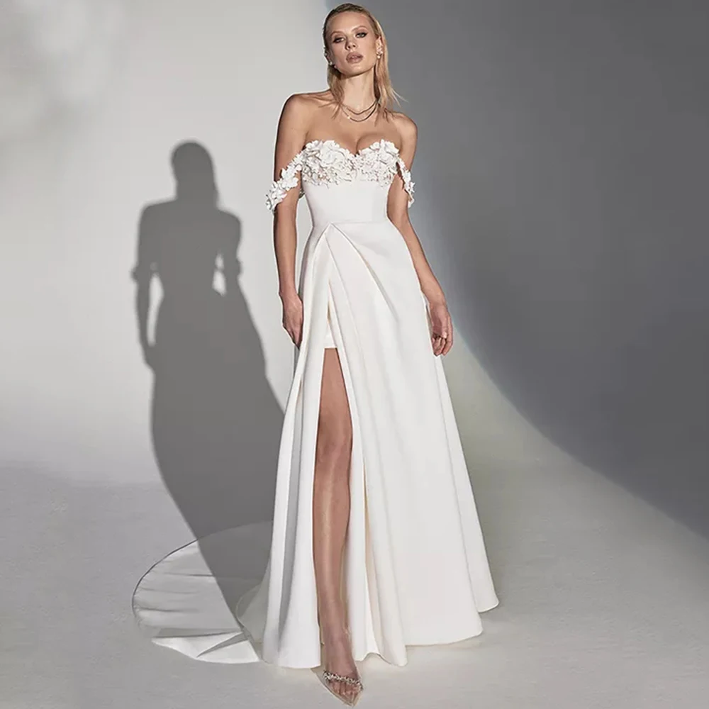 

Elegant Off the Shoulder Wedding Dress Applique and Flowers Sweetheart A-Line Sexy Side Slit Floor Length Sweep Train Gowns