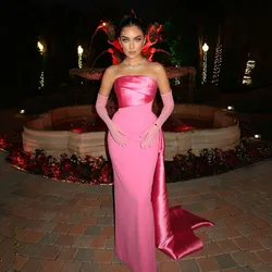 Msikoods Rose Pink Elegant Evening Dresses Women Customized Satin Formal Occasions Prom Gowns Draped Train Guest Party Dress