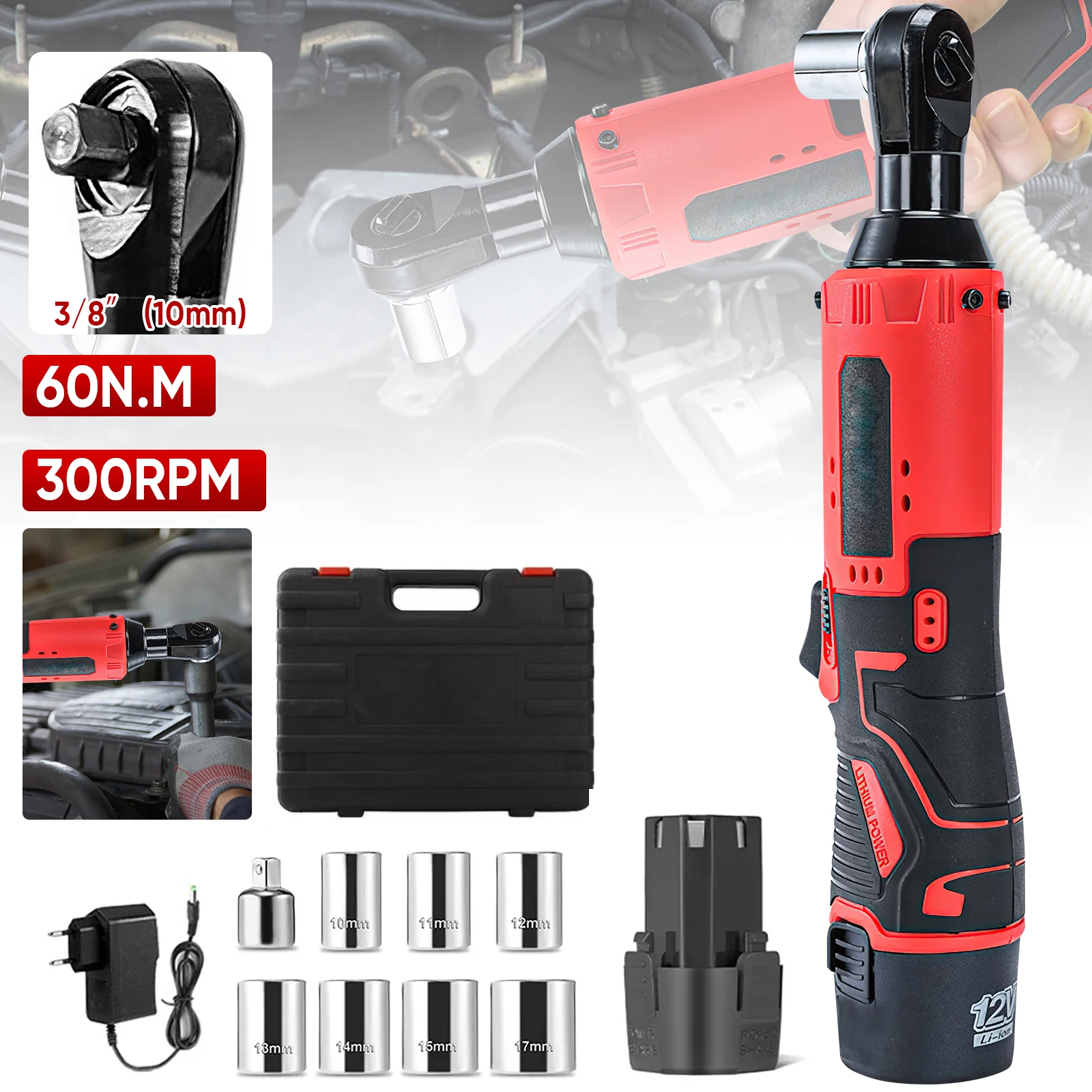 Clé à cliquet de 3/8 pouces, 60N · m, 300 tr/min, tournevis électrique sans fil Lithium-Ion pour la réparation automobile avec interrupteur avant et arrière