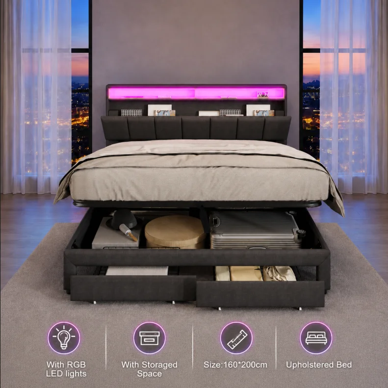 Lit Coffre 160x200 avec 2 tiroirs, Lit Hydraulique 160x200 cm avec LED Lits Double rembourré avec Rangement et sommier à Lattes et Tête de lit Capitonné Adapté pour Adultes et Adolescents en Lin