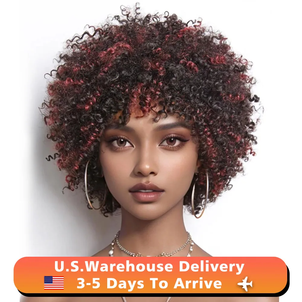 Dark Red Highlights Pixie Cut Wig Glueless Wigs Human Hair for Black Women Human Hair Afro Wigs Short Bob Wig With Bangs