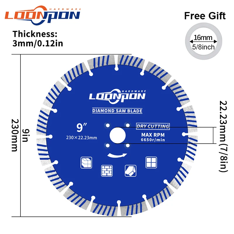 Loonpon 230mm 9inch Diamond Cutting Disc Dry or Wet Diamond Blade For Cutting Granite Marble Concrete Stone Circular Saw Blade