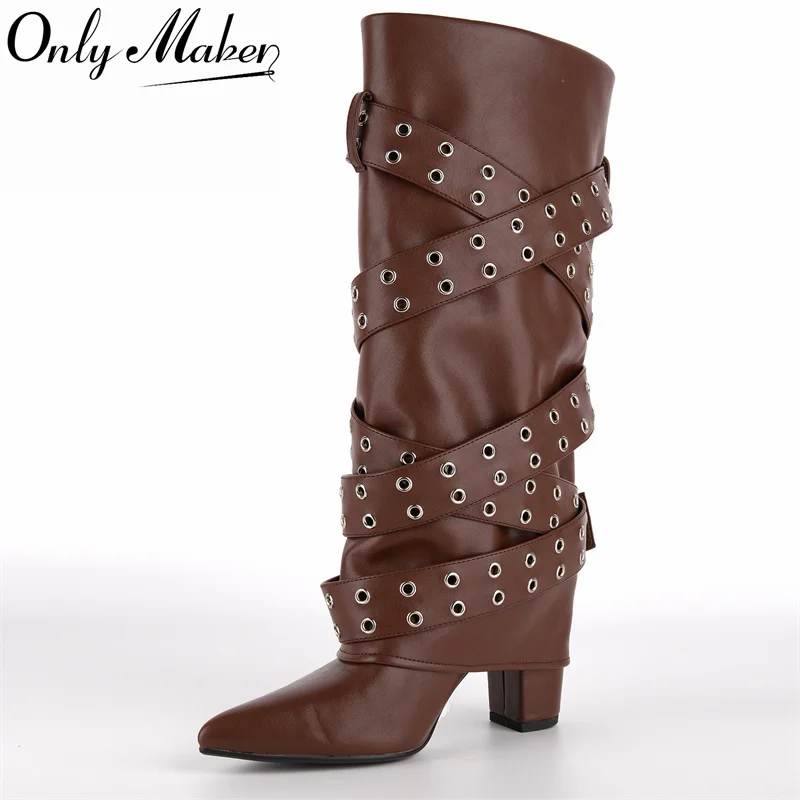 

Onlymaker Pointed Toe Fold Over Buckle Strap Mid-Calf Boots Chunky Heel Shoes Autumn Solid Pull On Fashion Elegant Boots