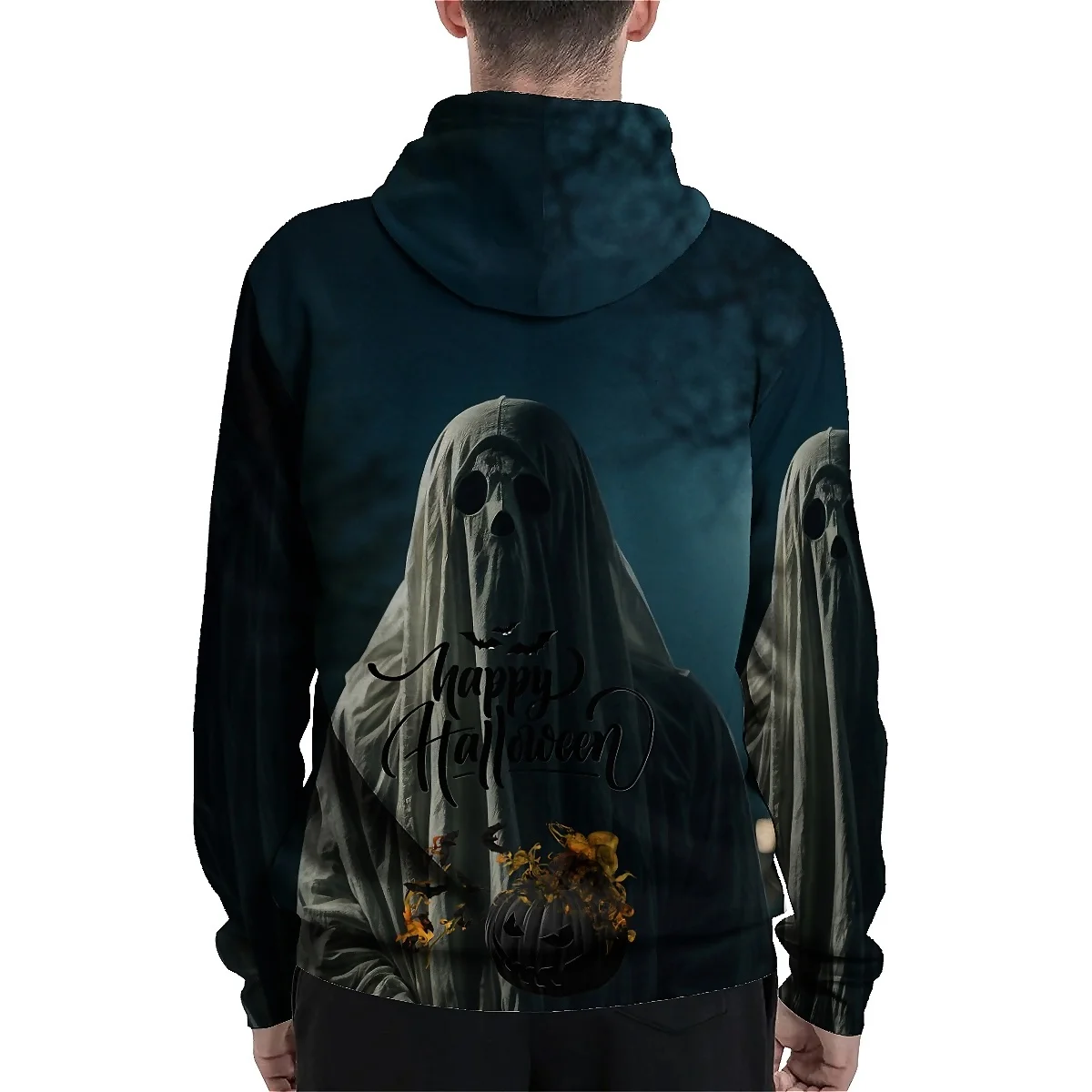 SONSPEE unisex long sleeve hoodie featuring a 3D printed spooky skull. Perfect for autumn, offering both style and a chilling de