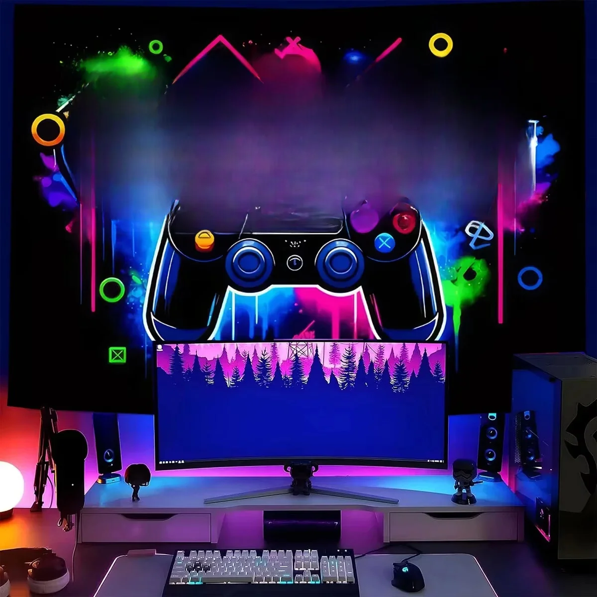 Tapisserie murale à motif de graffitis pour manette de jeu, tissu fluorescent réactif aux UV, décoration murale pour salle de jeux