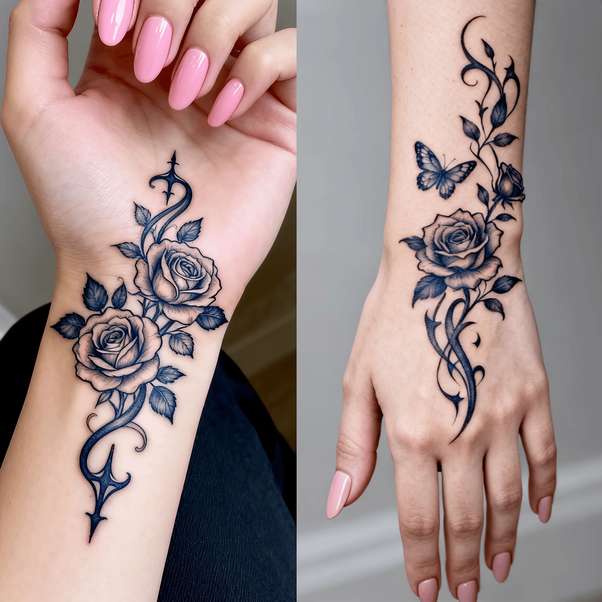 

4pcs Herbal Juice Semi-Permanent Magic Tattoo Stickers Featuring Minimalist Designs of Vintage, Elegant Natural Rose Branches An