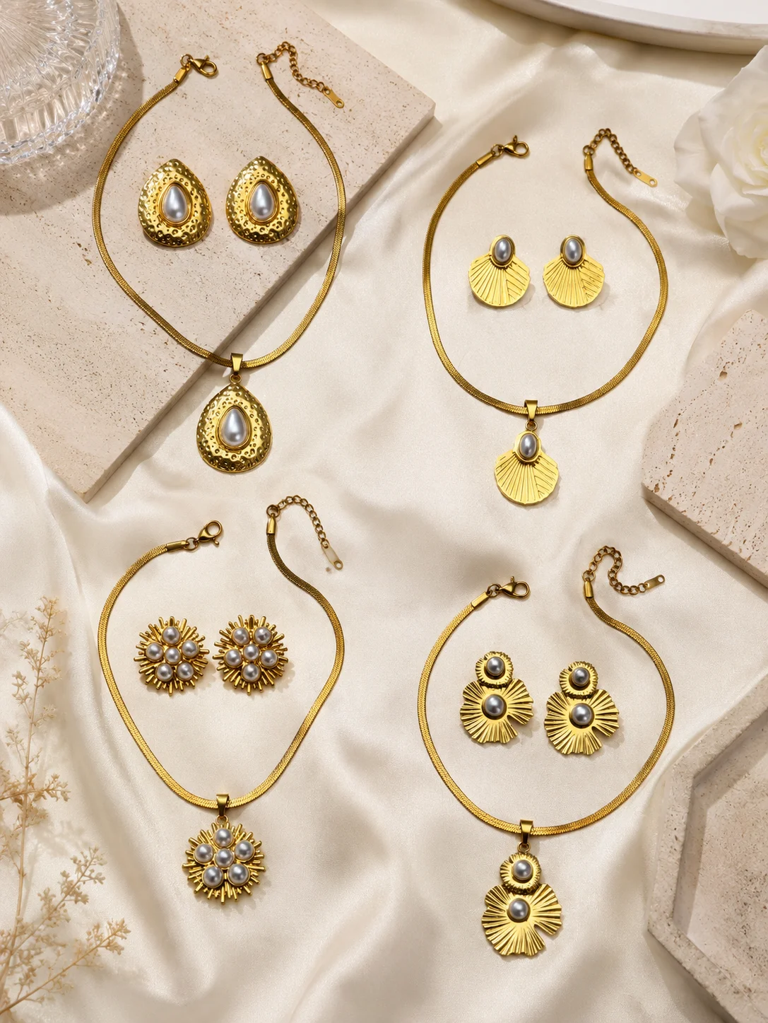 Women's Vintage Pearl Geometric Pendant Necklace Earrings Set