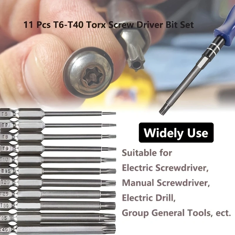 11Pcs Long Torx Security Head Screwdriver Drill Set, 1/4 Inch Hex Shank S2 Steel Torx Screwdriver Bit Set, T6 T7 T8 T9 T10 T15 T