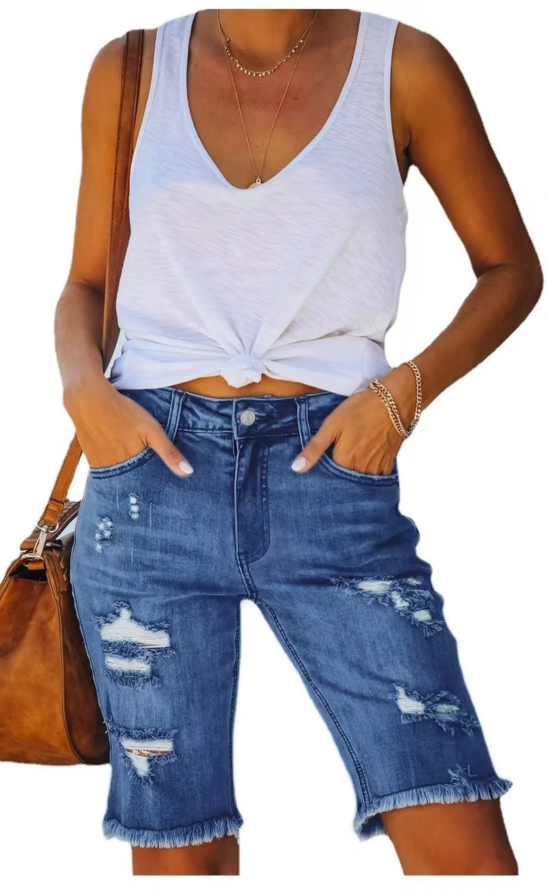 Women's Summer Comfortable High Elasticity Frayed Hole Breathable Mid-Length Jeans Casual Fashion Trousers
