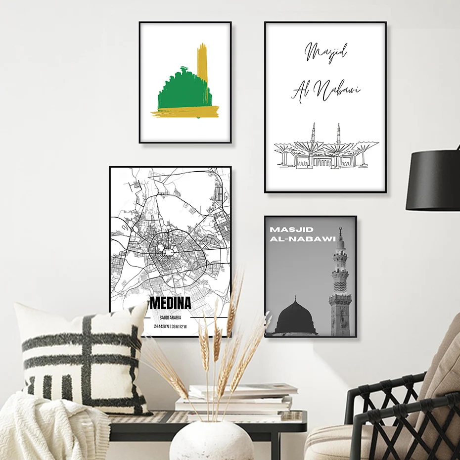 Islamic Medina Masjid Al-Nabawi Map Architecture Modern Poster Ramadan Muslim Wall Art Canvas Painting Print Home Decor