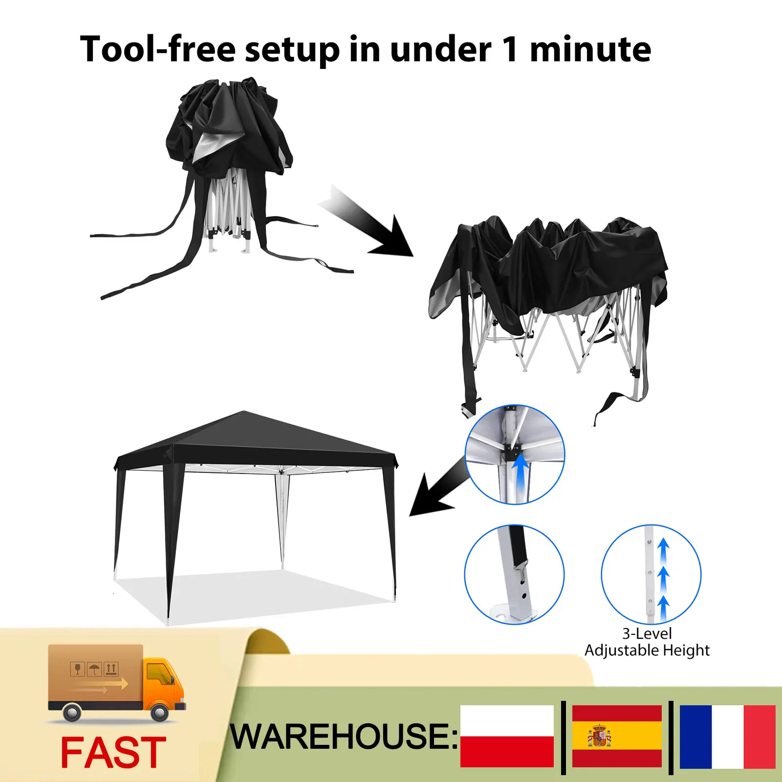 Foldable Portable Canopy Tent Top Sunshade Cloth Outdoor Camping Canopy 3 Adjustable Height Settings Versatile Instant Event Shelter with Ground Nail Windproof Ropes