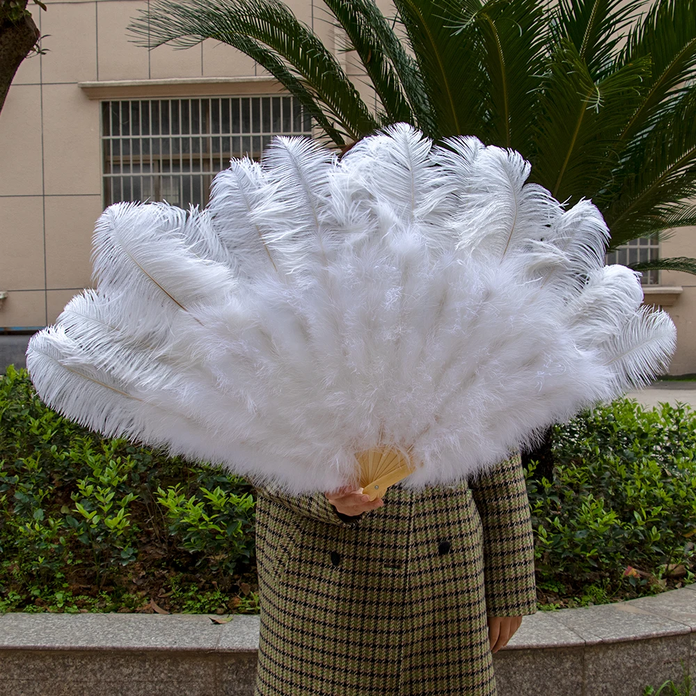 Customized Large White Hand Ostrich Feathers Fans 75cm Stage Performance Dancer Props 13 Bars Ostrich Plumes Hand Fan Foldable