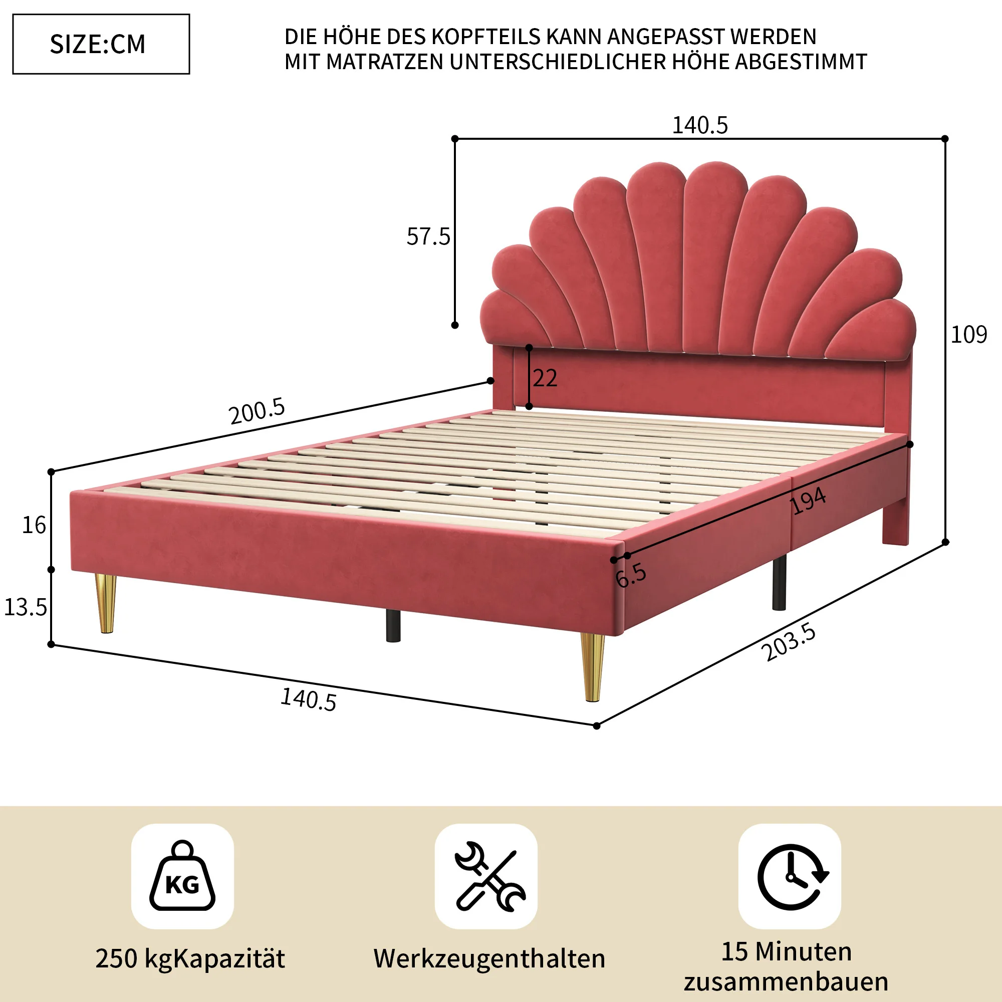 Rosahqnda gestoffeerd bed 90/140x200cm kinderbed met Petal hoofdbord tweepersoonsbed voor kinderen, jeugd, volwassenen, fluweel