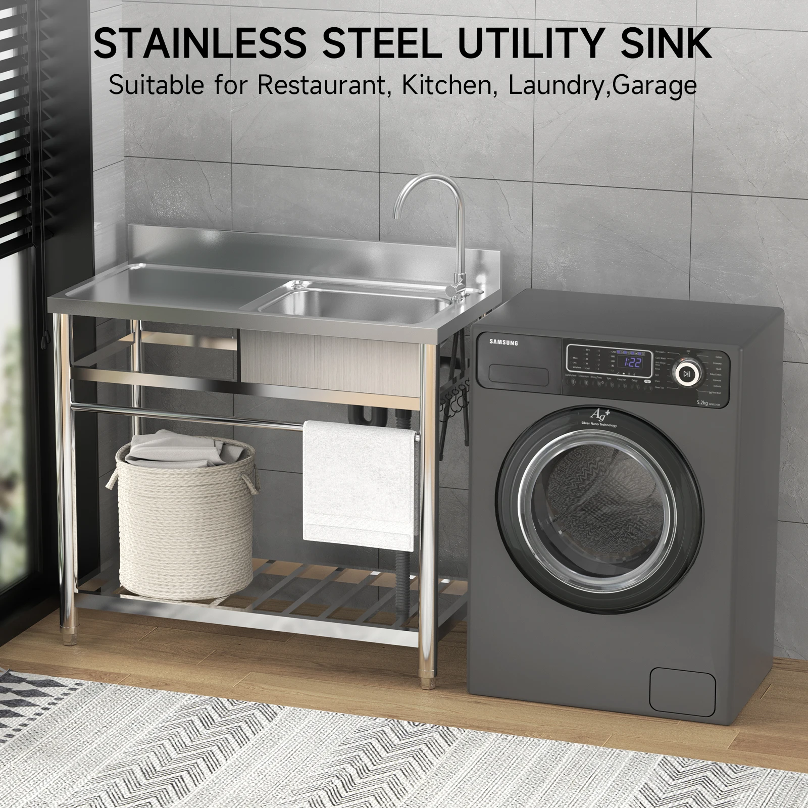 Stainless Steel Utility Sink 1 Compartment Free Standing Small Sink with Workbench, 20"D x 39"W Commercial Single Bowl Sinks