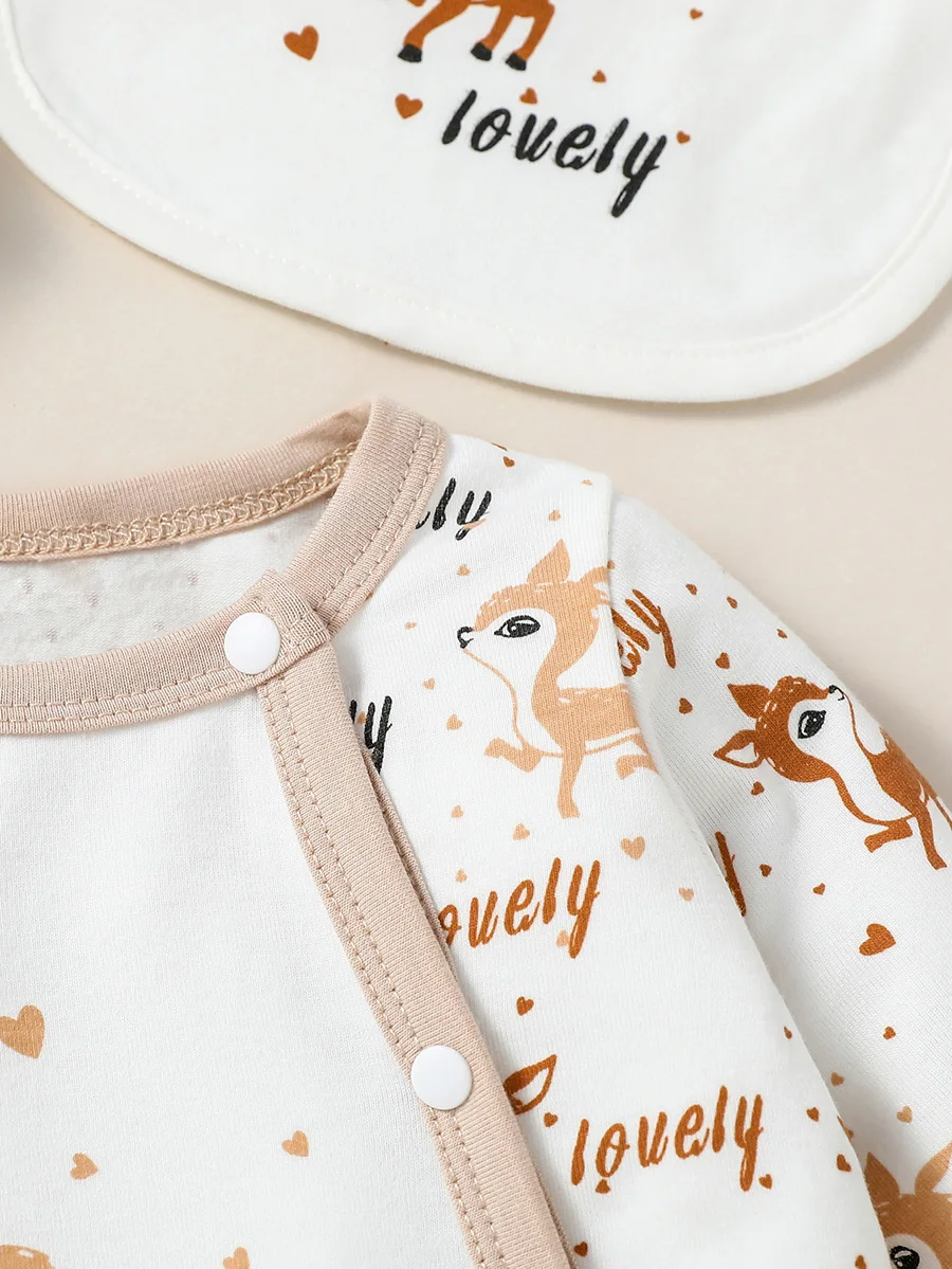 4PCS Baby unisex Long Sleeve Round Neck Animal Print With Button Casual  Jumpsuit +Bib+Hat+Gloves