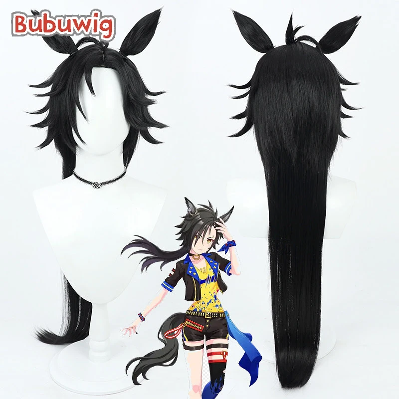 

Синтетический парик Bubuwig Air Shakur для косплея с ушками и хвостом Uma musume: Pretty Derby Air Shakur, 80 см, черный, термостойкий