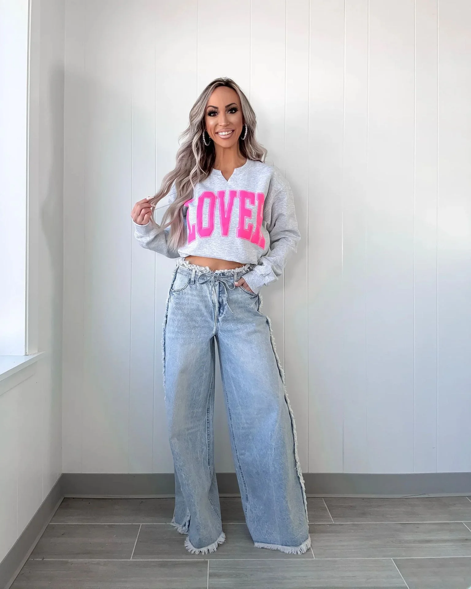 

Wash water raw edge street trend low-rise straight leg jeans Loose wide leg pants mop women's long jeans