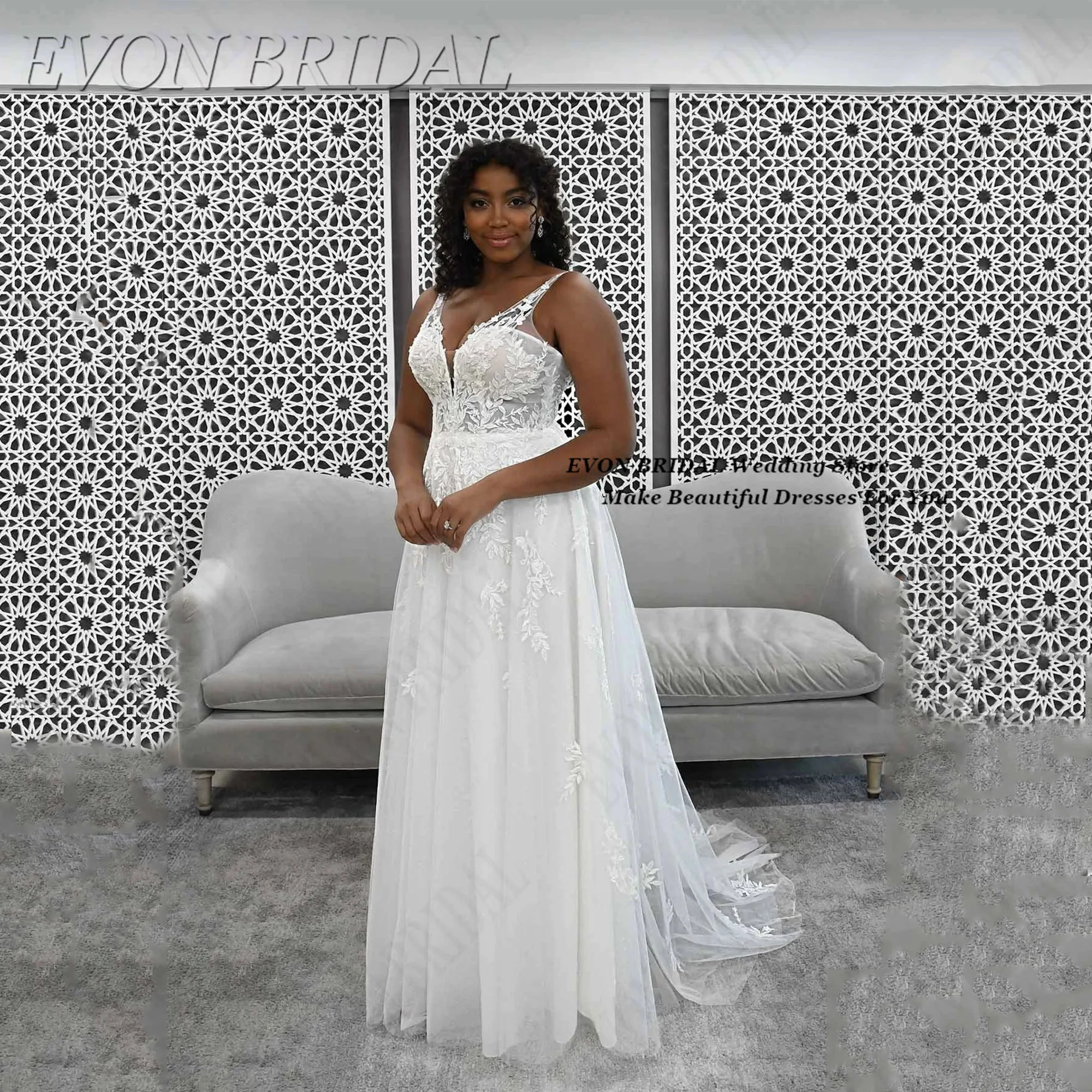 

Small Train Plus Size Wedding Dress Appliques Vestidos De Novias De Boda V Neck Wedding Reception Dress EVON BRIDAL Customized