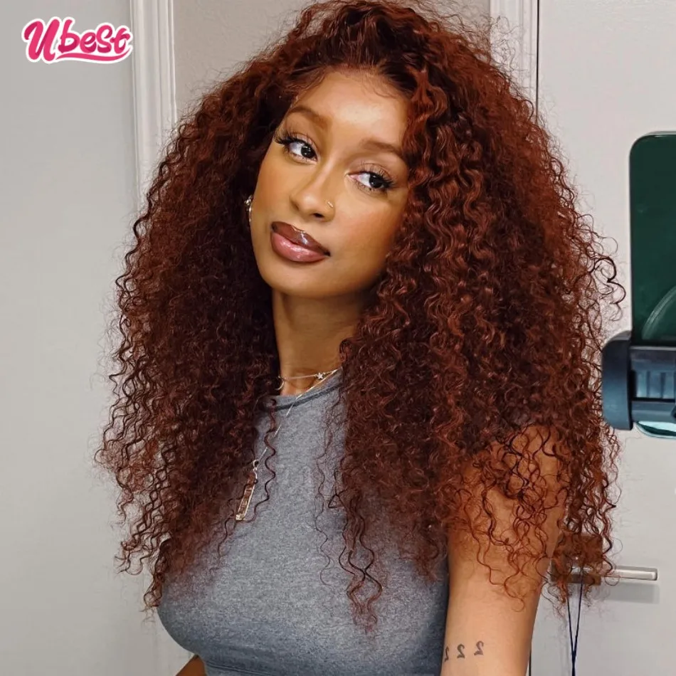 

Reddish Brown Colored Human Hair Wig Jerry Curly 13x4 Lace Front Human Hair Wig Transparent Curly 13x6 Lace Wigs For Women Ubest