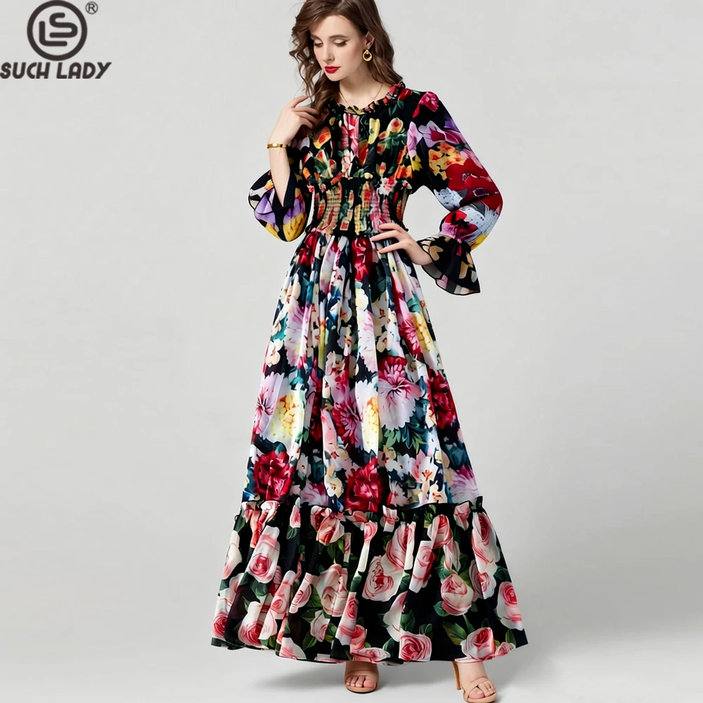 Damesjurk O-hals Lange mouwen Elastische taille Bloemenprint Ruches Elegante maxi-mode vestidos