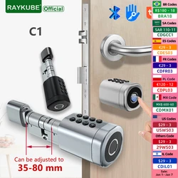 Raykube c1 tuya ble tt lock fechadura de porta inteligente com comprimento de cilindro ajustável de 2 maneiras senha de impressão digital chave de aplicativo desbloqueio de cartão ic