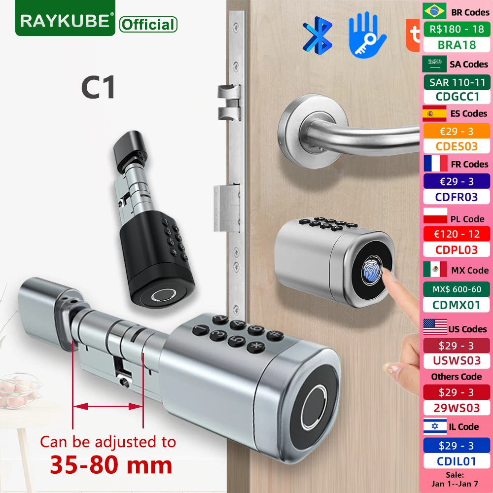 RAYKUBE C1 Tuya BLE TT Lock Smart Door Lock with 2-Ways-Adjustable Cylinder Length Fingerprint Password APP Key IC Card Unlock