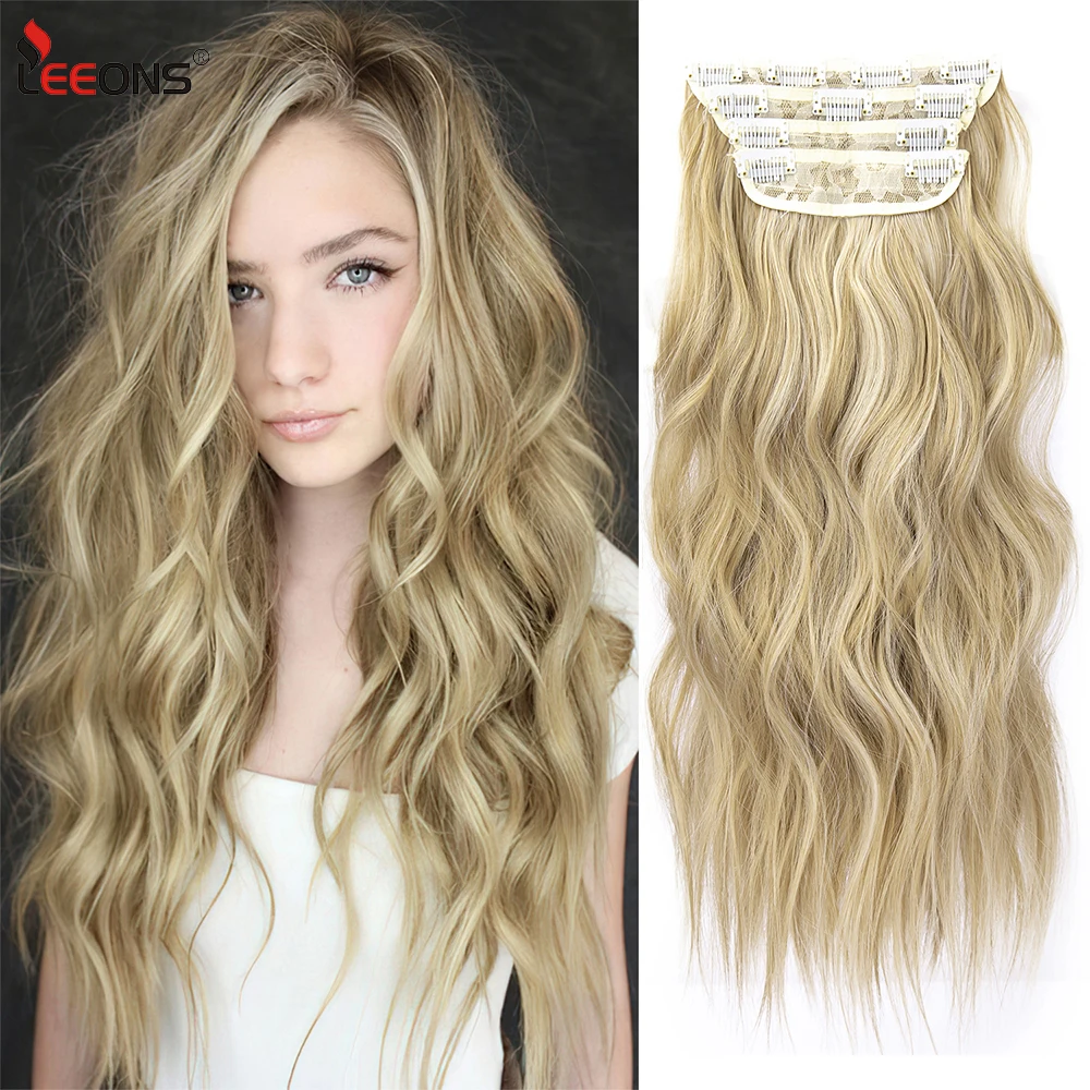 Leeons Thick Long Wavy 11 Clip In Hair Extension Long Curly Brown Black 4 Pcs/Set 20 Inch Synthetic Hair Piece For Woman 200G