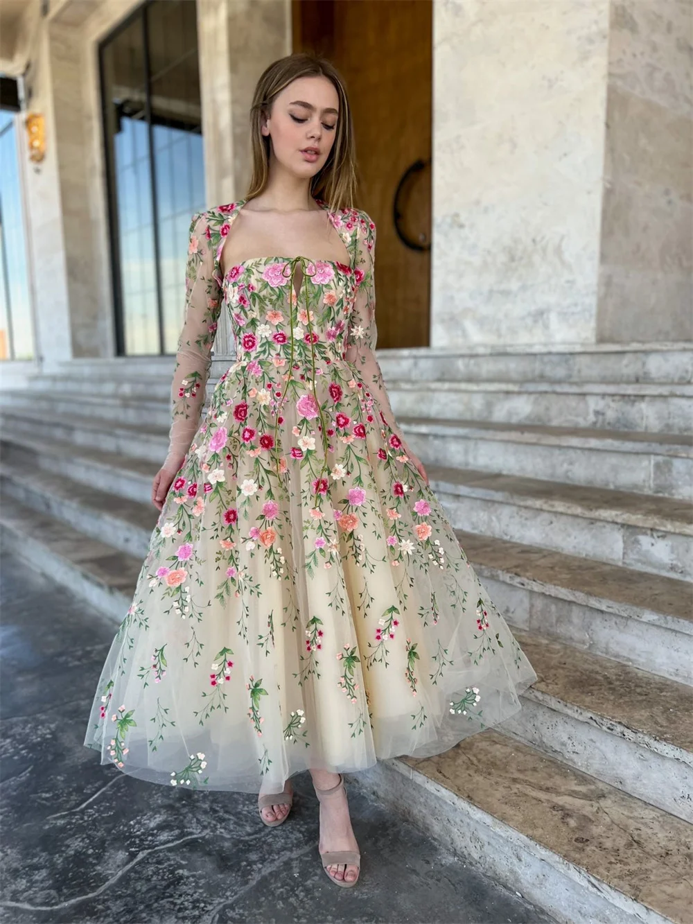 Amanda Flower A-line Evening Dress Sweet Knee Lenght Prom Dress 2023 Long Sleeve Party Dress Open Back  فساتين مناسبة رسمية