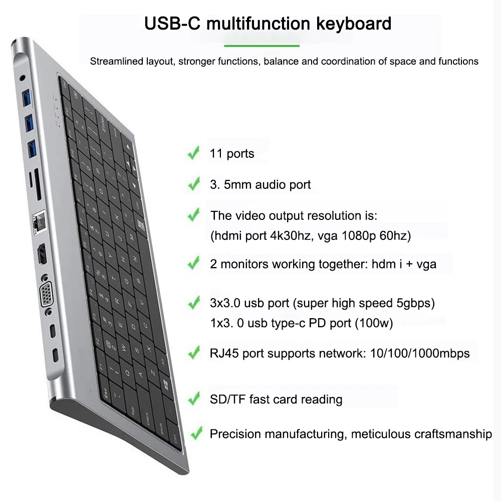 11 in 1 Keyboard Docking Dtation TypeC Port Replicator Multi-function Hub 4K HD Video 1080P VGA For Laptop Tablet Phone External