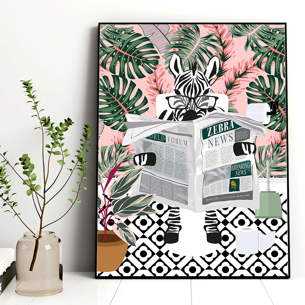 Tropical Zebra Tiger Leopard Elephant on Toilet Reading Newspaper  Poster Canvas Painting Prints Wall Art Picture Bathroom Decor