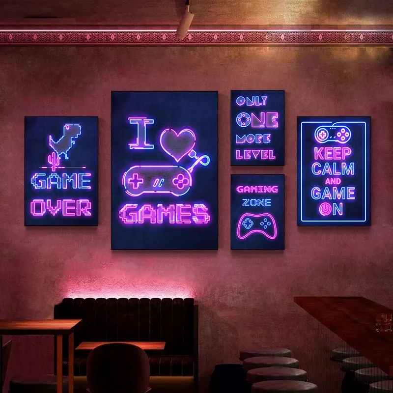 Gaming Neon Quotes Posters Canvas Painting Game Zone I Love Games Wall Picture Print For Gamer Room Home Decoration No Led