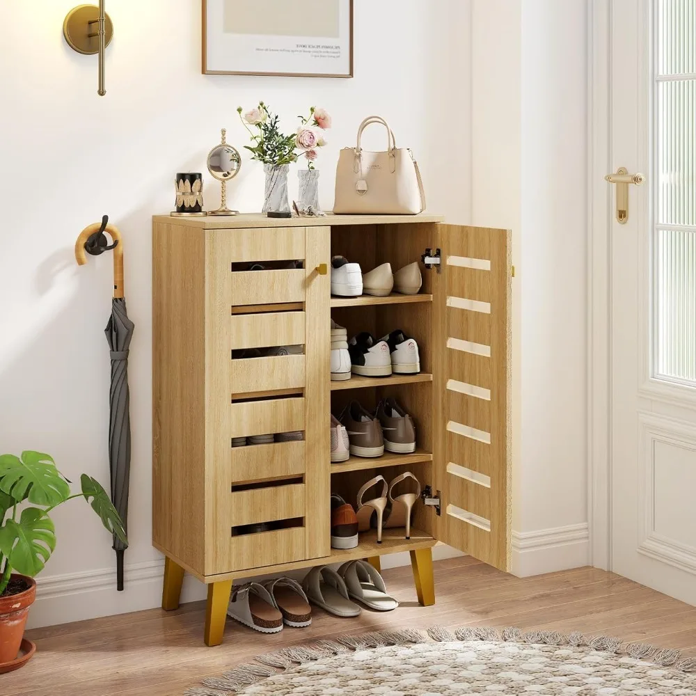 

Шкаф для обуви с дверцами, 4-ярусный напольный шкаф-стеллаж для обуви с регулируемыми полками, современный деревянный шкаф для хранения обуви