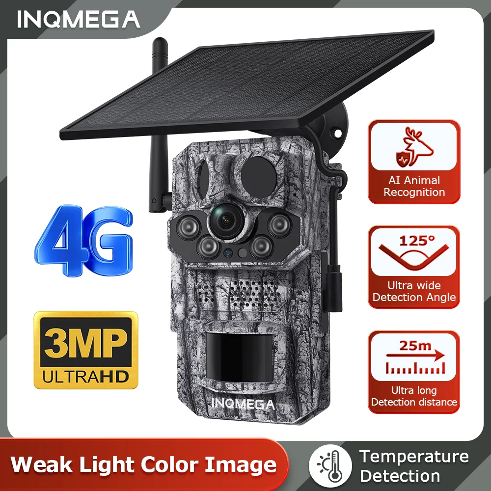 

INQMEGA 4G 2K 3MP AI PIR Motion Activated Trigger Time Night Vision IP66 Hunting Trail Wildlife Battery Solar Camera Forest