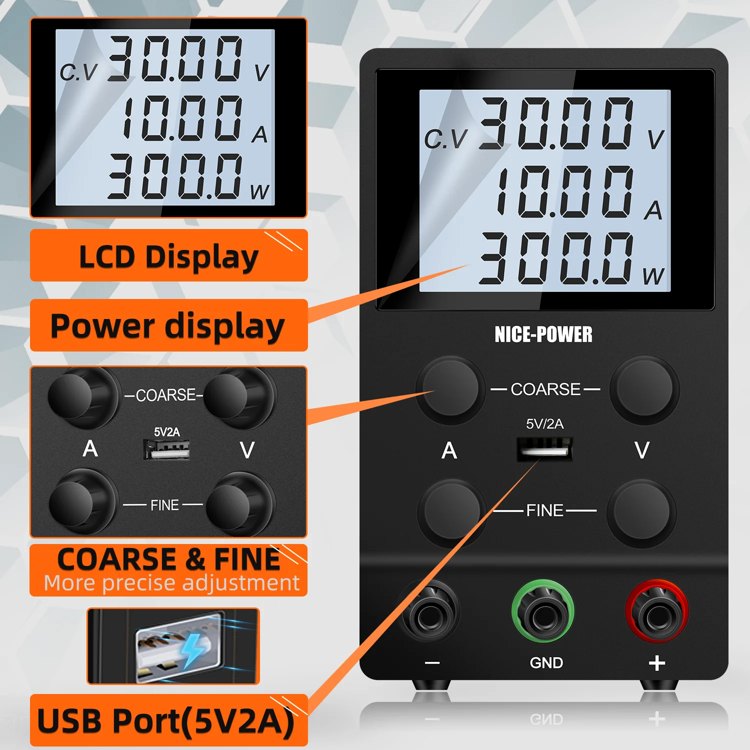 Nice-power 30V 10A LCD DC Power Supply 60V 5A regolabile Bench Lab Switching regolatore di tensione USB-A 5V 2A sorgente stabilizzatrice