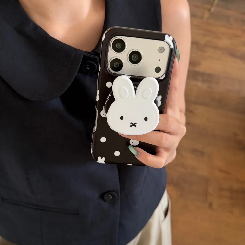 Ins White Polka Dot Magnetic Phone Case for iPhone 15 Pro 17 16 15 17 Pro 16 Pro Max Fundas With Magsafe 3D Miffy Stand Cover