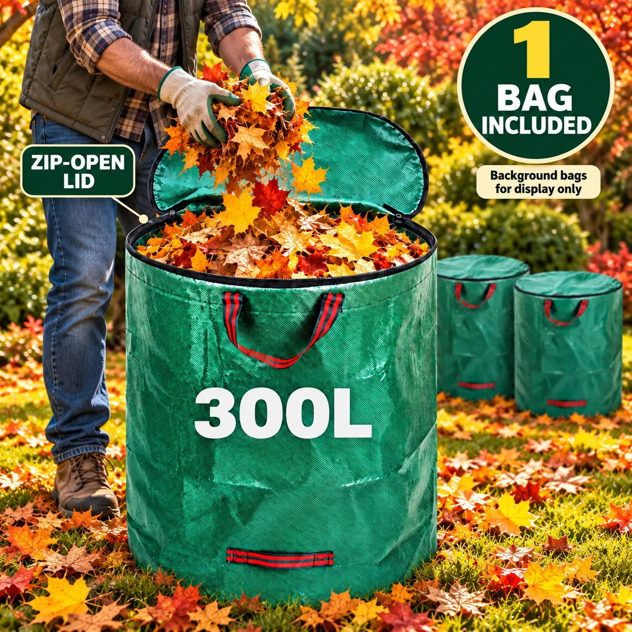 300L Reusable Garden Waste Bag with Zipper Lid and Handles, Heavy Duty Foldable Leaf Bag for Lawn Yard Cleanup, Grass Clippings